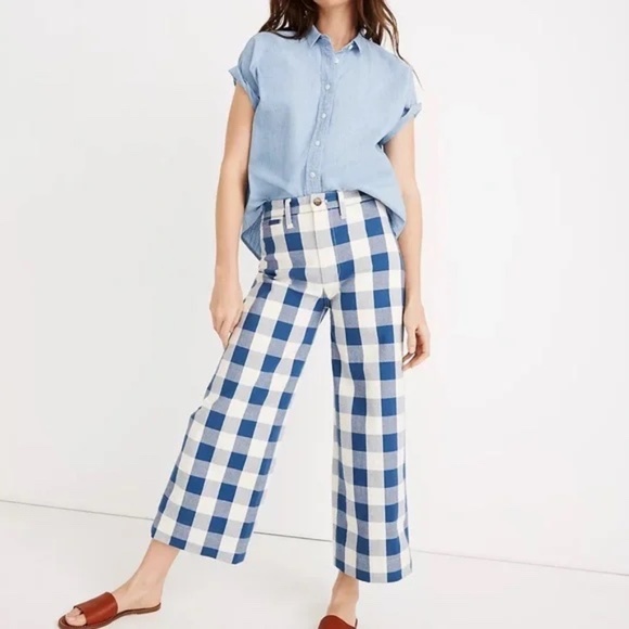 Madewell Pants - Madewell Emmett Wide Leg Crop Gingham Check Pants Jeans Blue 26